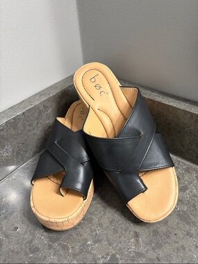 boc Black Crisscross Platform Mules with Tan Footbed